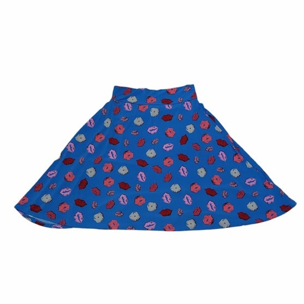 LuLaRoe Girls Blue Lip Print Skater Skirt Size 12 A-Line Stretch Knit Flared